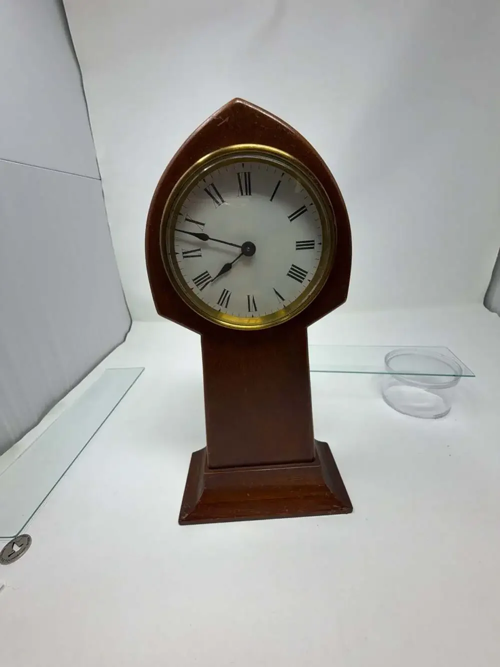 Antique Lancet Top Mahogany Mantel Clock with Roman Numeral Dial